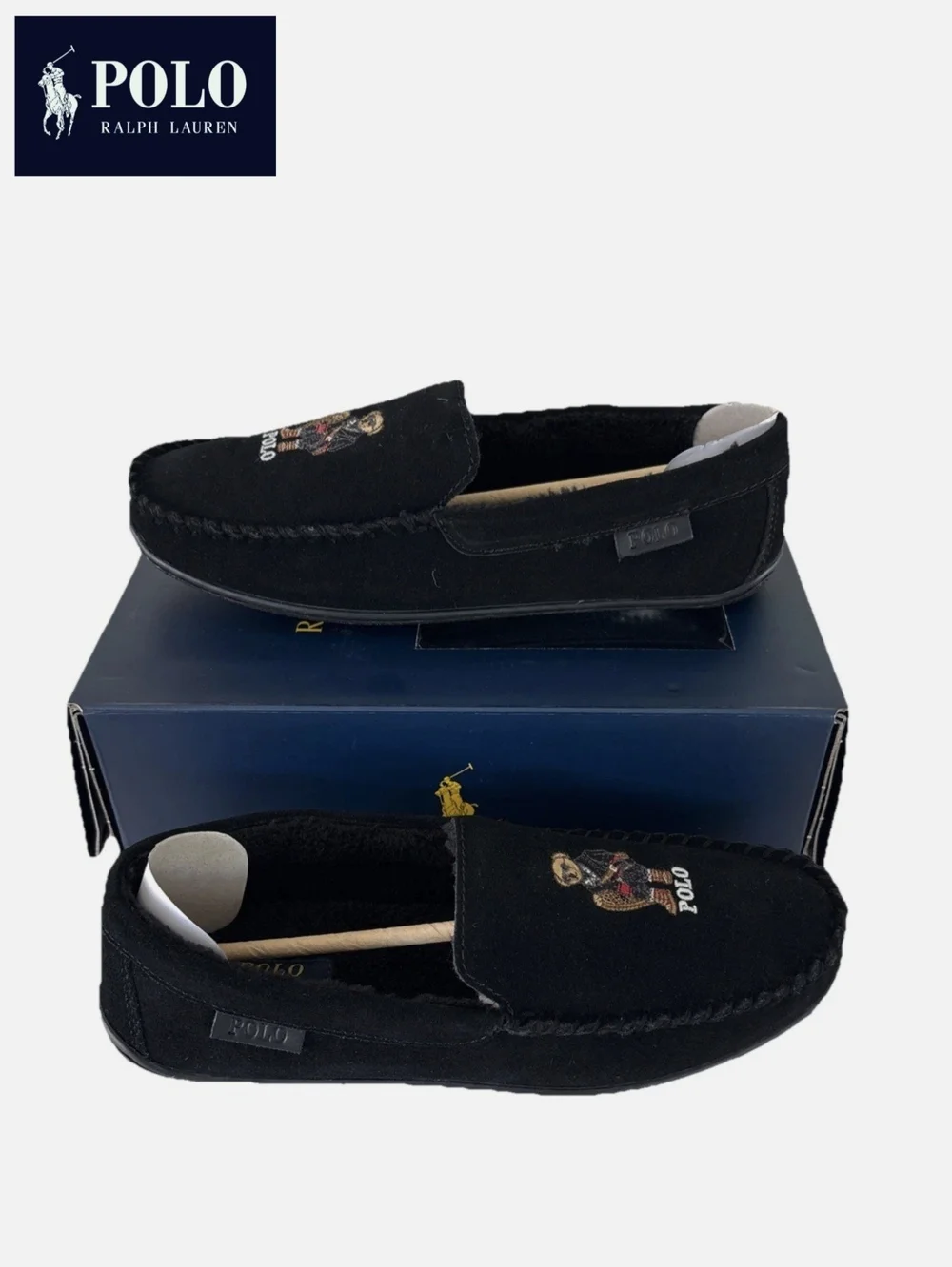NWT Polo by Ralph Lauren Men's 9 Brenan Bear Embroidered Black Suede Loafers